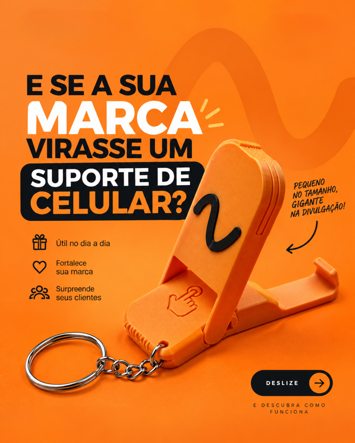 Chaveiro Multifuncional Personalizado 3 em 1 — Suporte de Celular + Anti-Stress